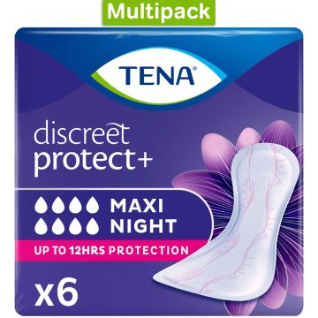 TENA Lady Discreet Protect+ Maxi Night Pads - Case Saver - 8 Packs of 6