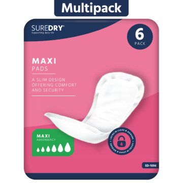 SureDry Ladies Incontinence Maxi Pads - Light - Pack 6 - Case 12