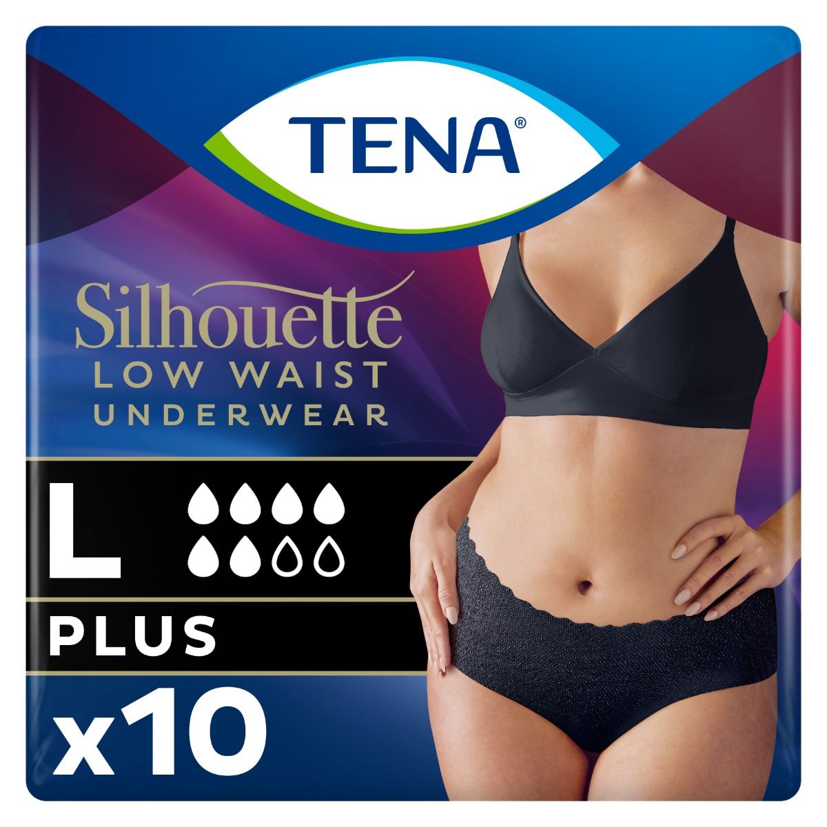 TENA\u0020Silhouette\u0020Normal\u0020Large,\u0020Black\u0020\u0028Low\u0020Waist\u0029\u0020\u002D\u0020Pack\u0020of\u002010